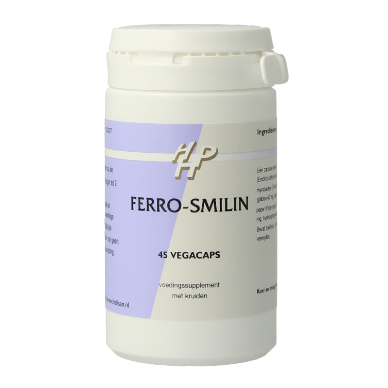 Holisan Ferro Smilin 45 vegetarian herbal capsules in a clear bottle, emphasizing natural supplement and herbal preparation.