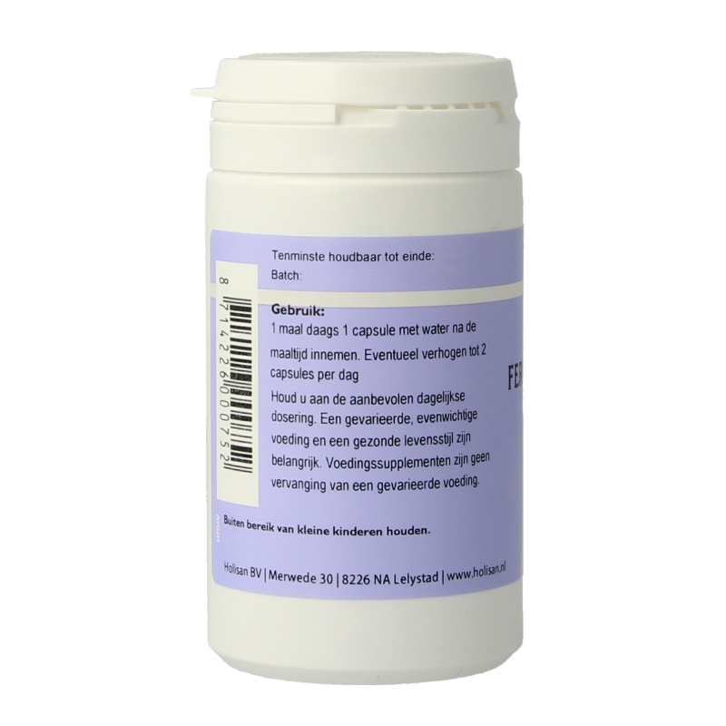Holisan Ferro Smilin 45 vegetarian herbal capsules for iron supplement, showing the bottle and capsules in a natural setting