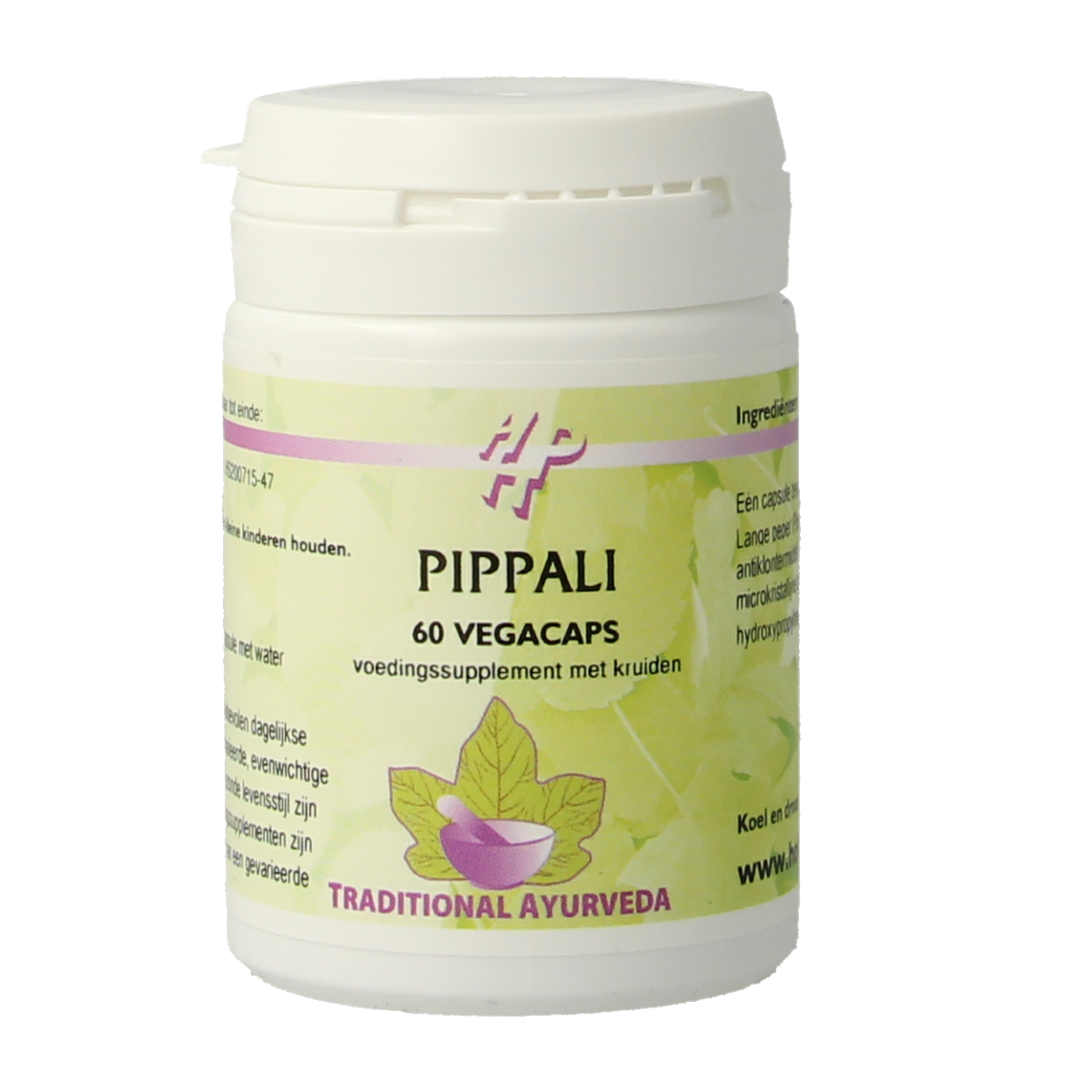 Holisan Pippali capsules in a bottle, herbal supplement from Kruidenpreparaten line, natural herbal remedy for wellness.