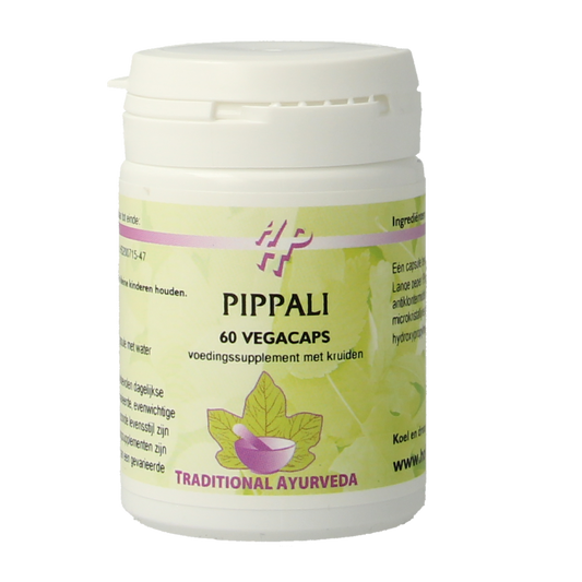 Holisan Pippali capsules in a bottle, herbal supplement from Kruidenpreparaten line, natural herbal remedy for wellness.
