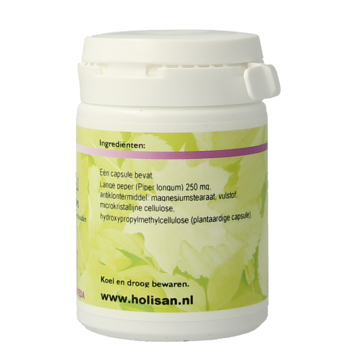 Holisan Pippali capsules, herbal supplement in a clear bottle, showing 60 capsules of kruidpreparaten with a white label.