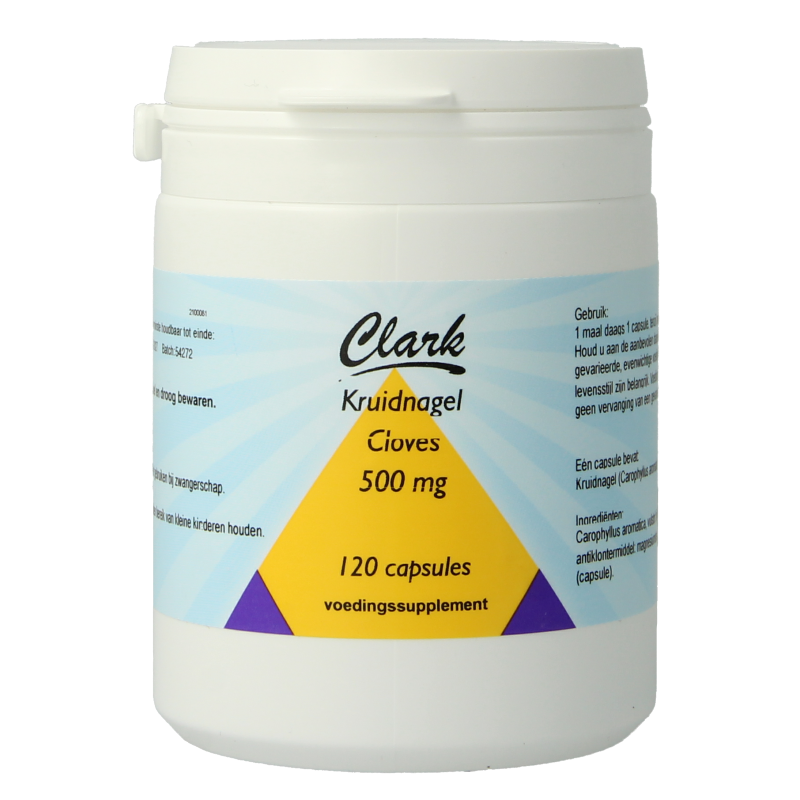 Clark Clove Capsules, herbal supplement in a bottle, containing 120 capsules of kruidnagel/lavanga for natural health support.