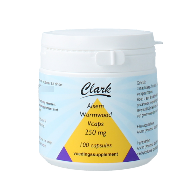 Clark Alsem and Wormwood Indhana herbal capsules, vegetarian supplement, in a clear container showing the capsules.