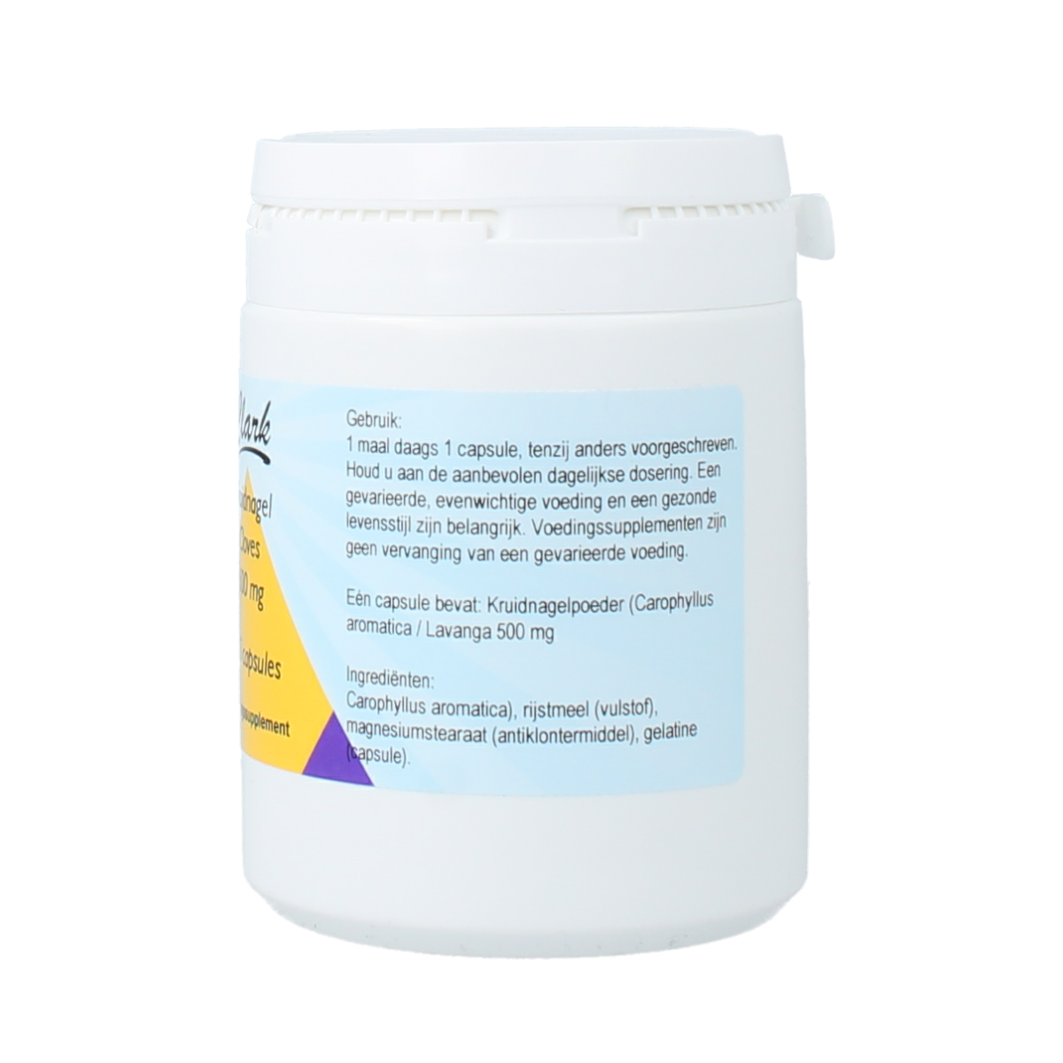 Clark Klove capsules in a bottle, herbal supplement for health, featuring cloves (kruidnagel) and natural ingredients.