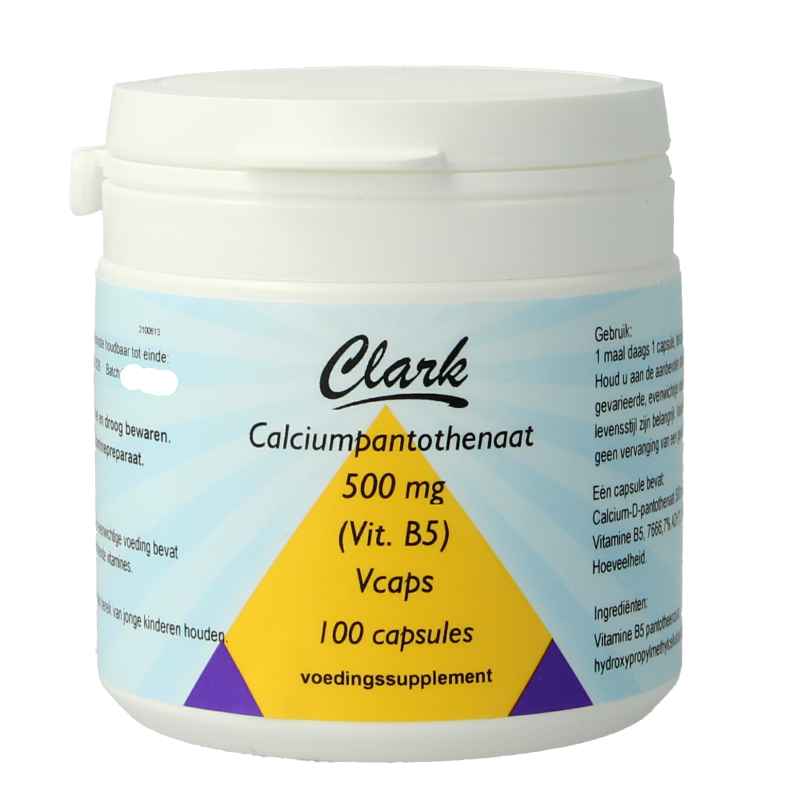 Clark Vitamine B5 Pantothenic Acid 500mg vegetarian capsules, close-up of the bottle with capsules inside.