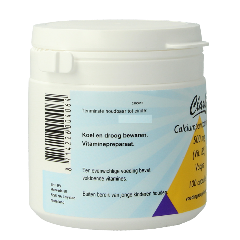 Clark Vitamine B5 Pantothenic Acid 500mg vegetarian capsules, close-up of the bottle and capsules on a white background.