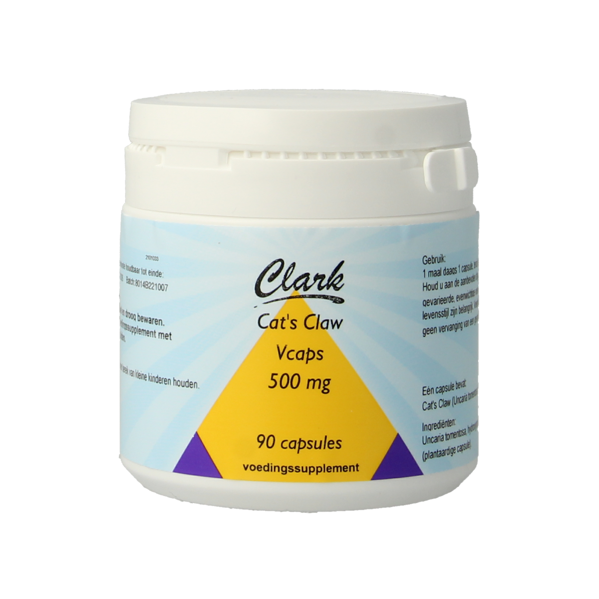 Clark Cat's Claw 500mg vegetarian capsules, herbal supplement in a bottle with green and white label, natural remedy product.