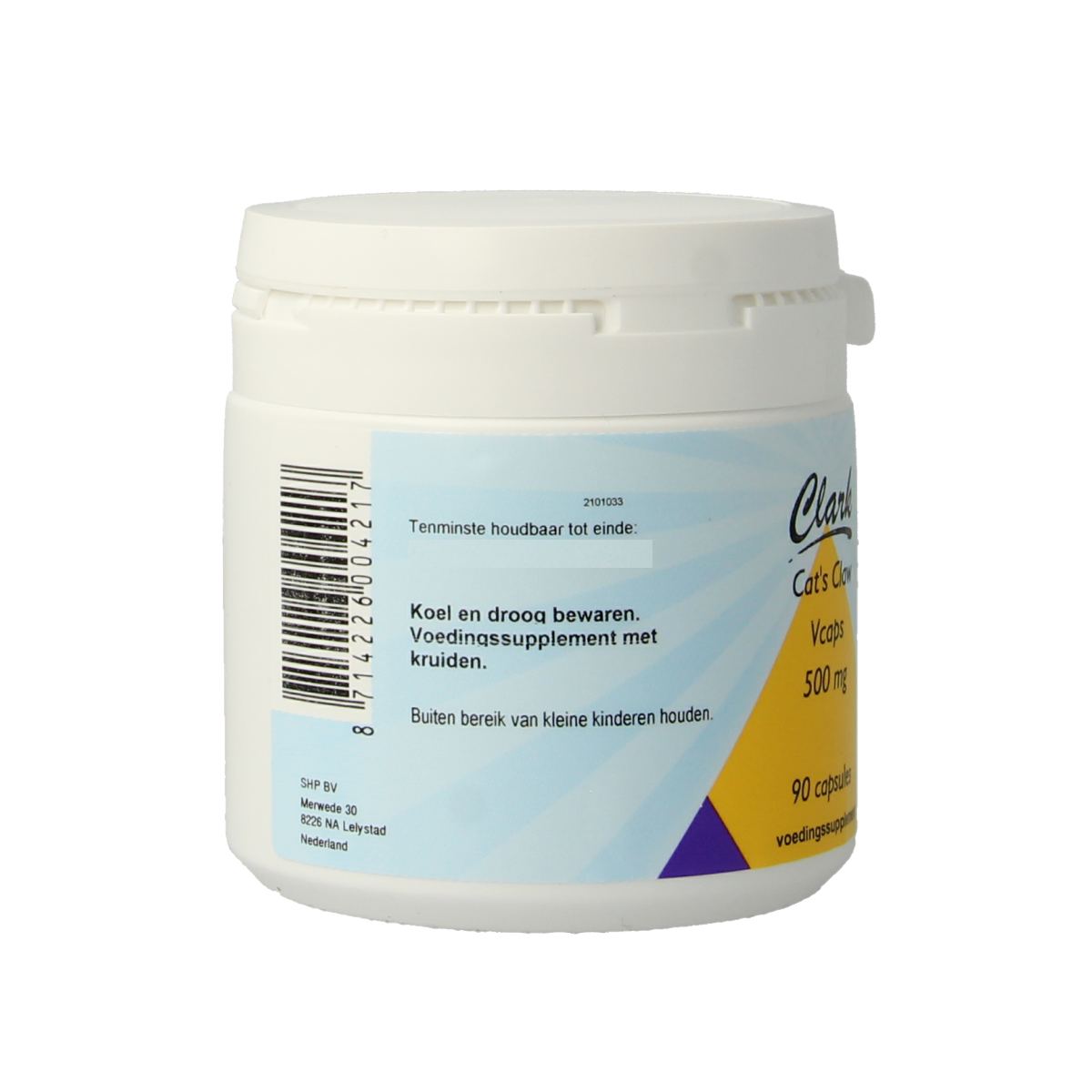 Clark Cat's Claw 500mg herbal capsules in a bottle, vegetarian dietary supplement by Clark, with a label showing product details.