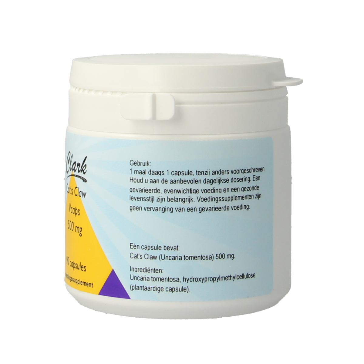 Clark Cat's Claw 500mg vegetarian capsules in a bottle, herbal supplement from Clark for immune support.