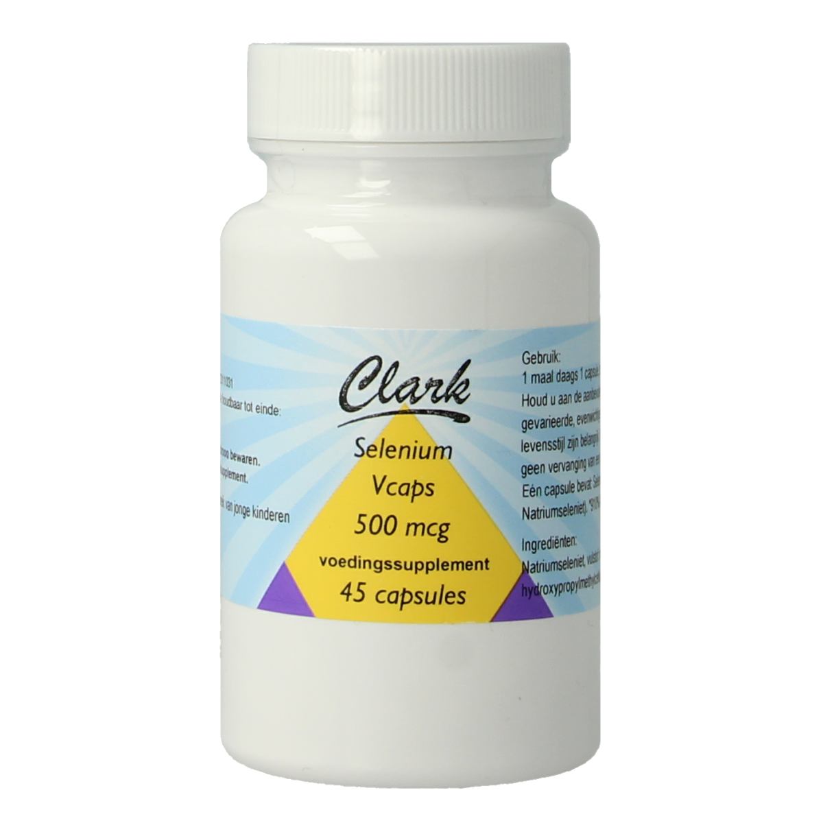 Clark Selenium 500mcg capsules, mineral supplement with sodium selenite, shown in a clear bottle on a white background.