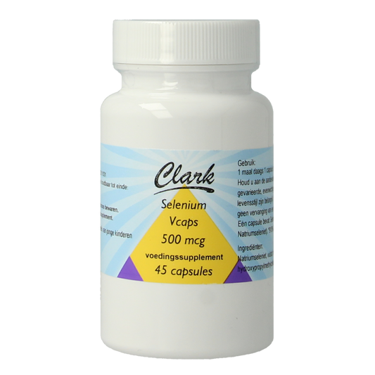 Clark Selenium 500mcg capsules, mineral supplement with sodium selenite, shown in a clear bottle on a white background.