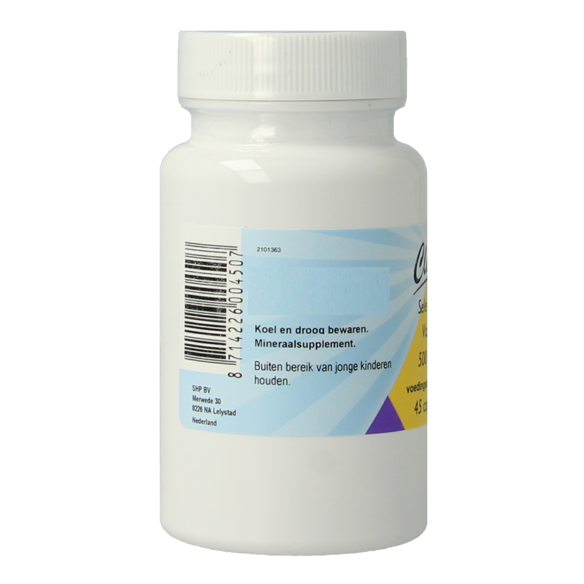 Clark Selenium 500mcg capsules featuring mineral supplement with sodium selenite, shown in a clear bottle with 45 capsules.