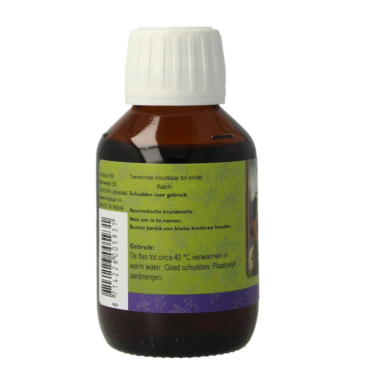 Holisan Neem taila huidolie in 100ml bottle, natural body care oil with neem for skin nourishment and care.