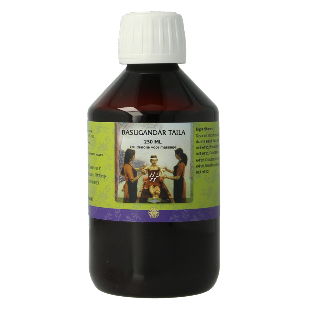 Holisan Basugandar taila 250ml bottle, natural body care oil, with a clear label and cap, used for skin nourishment and massage.