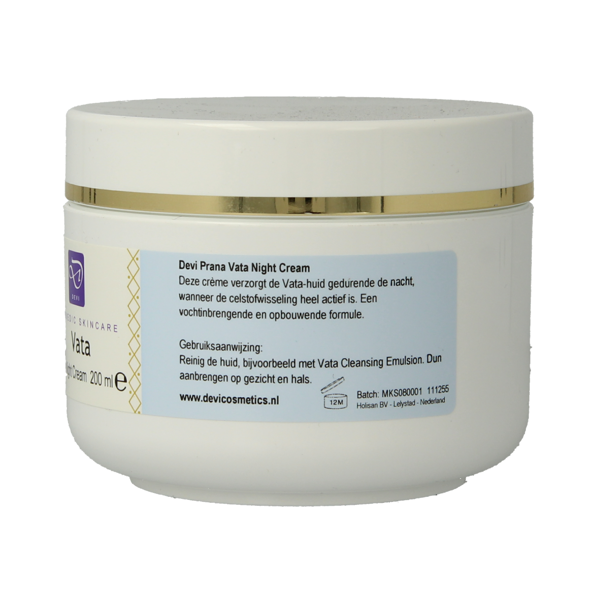 Holisan Vata night cream in a 200ml jar, facial skincare product with a smooth, creamy texture for overnight hydration.