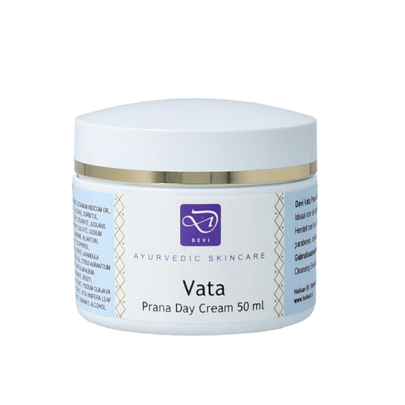 Holisan Prana Vata day cream in 50ml jar, facial skincare product with a white and green packaging design.
