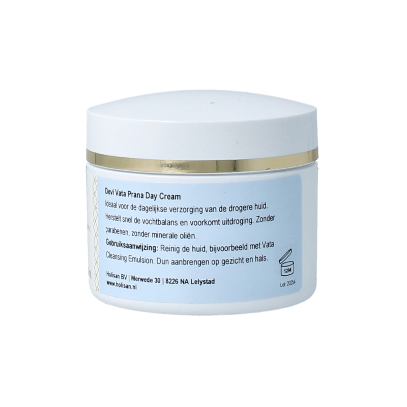 Holisan Prana Vata Day Cream in a 50ml jar, facial skincare product with a white and blue container, suitable for daily use.
