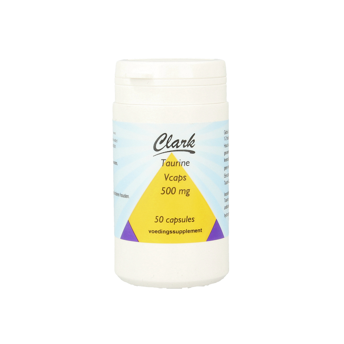 Clark Taurine 500mg amino acid capsules, 50 count, showing the supplement bottle and capsules inside.