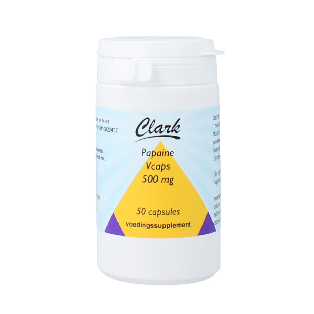 Clark Papaine 500mg herbal capsules in a bottle, natural vegetarian supplement for wellness.