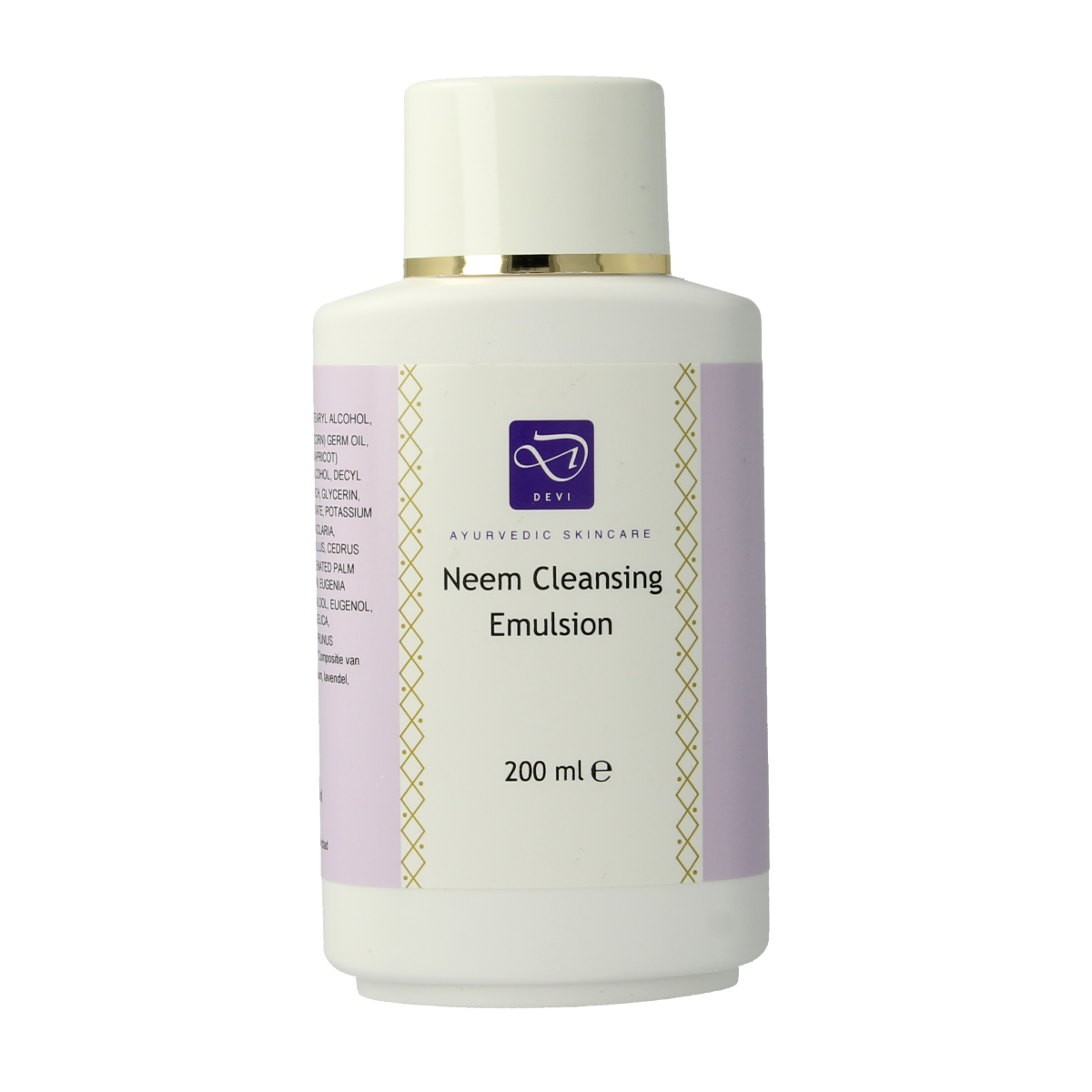 Devi Neem Cleansing Emulsion 200ml for facial skin care, featuring a white bottle with a pump dispenser and label.