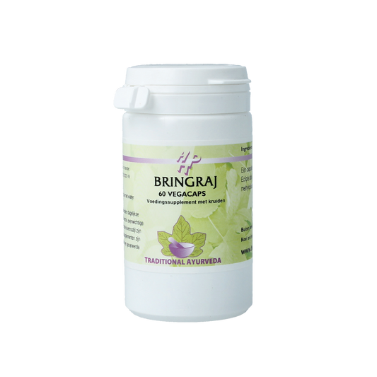 Ayurveda Bringraj vegetarian capsules in a bottle, dietary supplement herbal capsules for wellness and natural health.