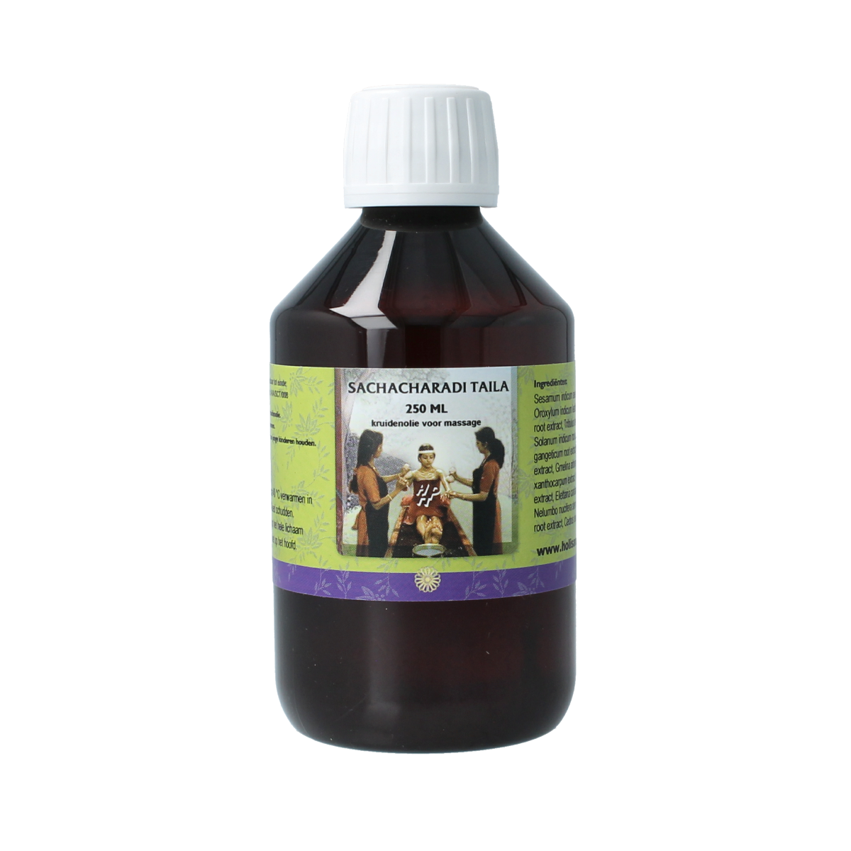 Holisan Sahacharadi taila 250ml, Ayurvedic body massage oil with herbal ingredients, shown in a glass bottle with a dropper.
