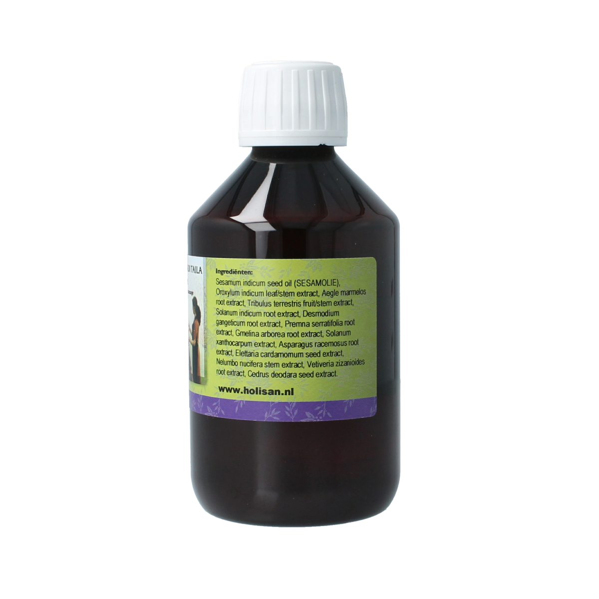 Holisan Sahacharadi taila 250ml herbal body oil with traditional Ayurvedic ingredients, shown in a clear bottle.