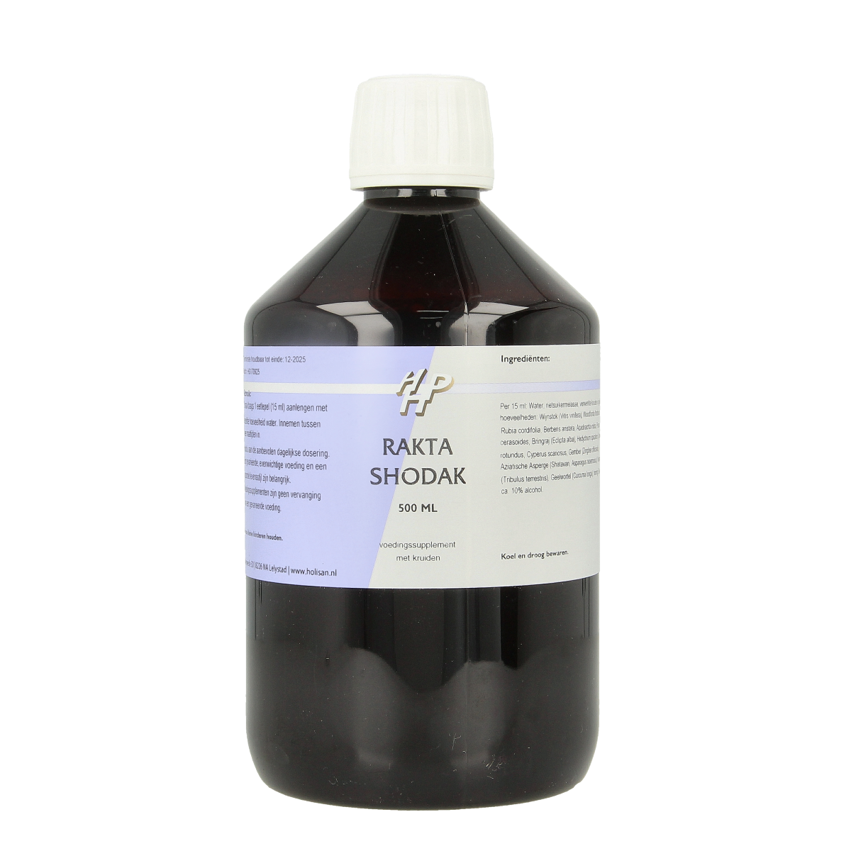 Holisan Rakta Shodak herbal supplement bottle, 500ml, in a clear container with label showing product details and branding.