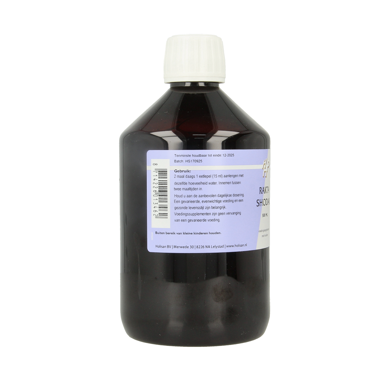 Holisan Rakta Shodak herbal preparation bottle, 500ml, in a green box with a white label, used for traditional herbal remedies.
