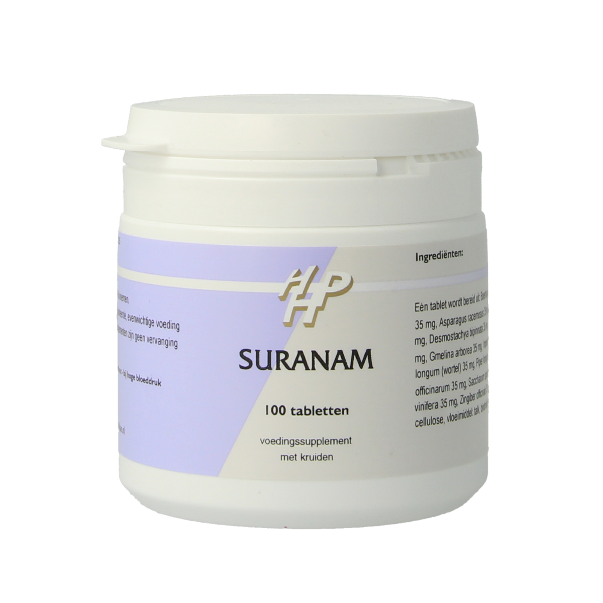 Holisan Suranam 100.00 herbal supplement tablets in a bottle, part of Holisan's kruidenpreparaten product line.