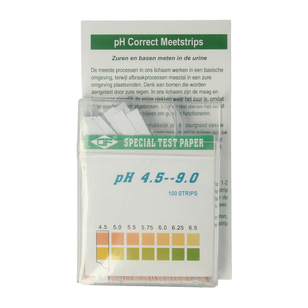Clark PH correct meetstrip test strips, 100 pack, showing individual white strips with color indicator zones for pH testing.