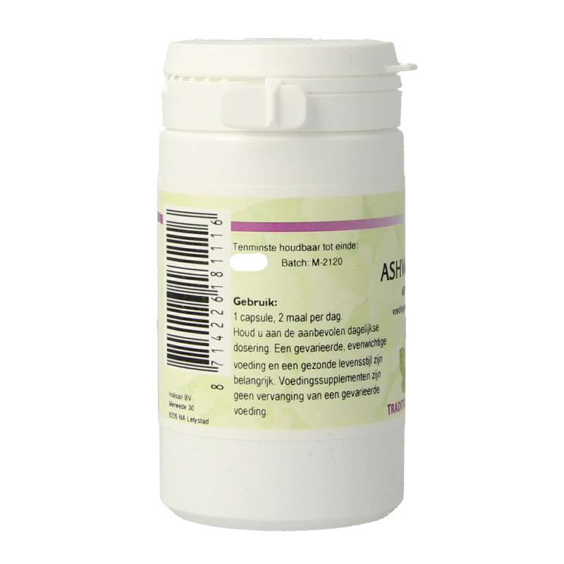 Holisan Ashwagandha vegetarian capsules, herbal supplement in a bottle with 60 capsules on a white background.