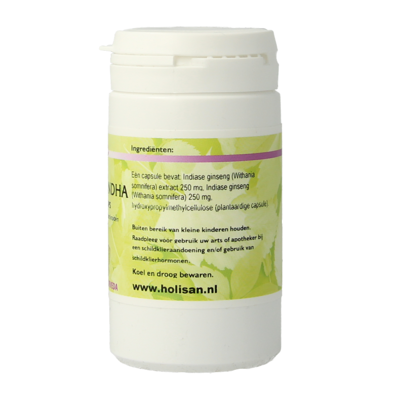 Holisan Ashwagandha herbal capsules in a bottle, vegetarian dietary supplement for stress and vitality.