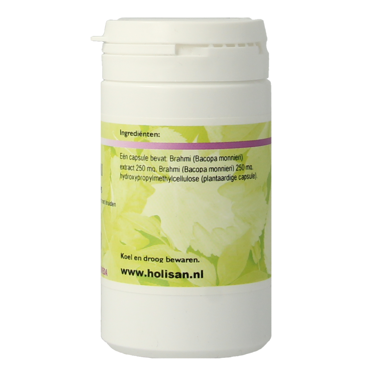 Holisan Brahmi capsules in a bottle, herbal supplement for cognitive support from the Holisan Kruidenpreparaten line.