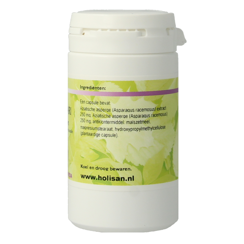 Holisan Shatavari vegetarian capsules, herbal supplement in a white bottle with label, designed for natural women's health support.