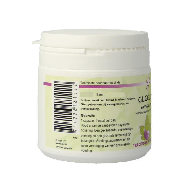 Holisan Guggulu vegetarian capsules, herbal supplement in a clear bottle with white caps and label, designed for natural health support.