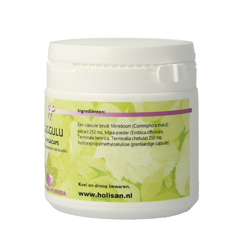 Holisan Guggulu vegetarian capsules, herbal supplement in a bottle, featuring green capsules suitable for herbal health support.