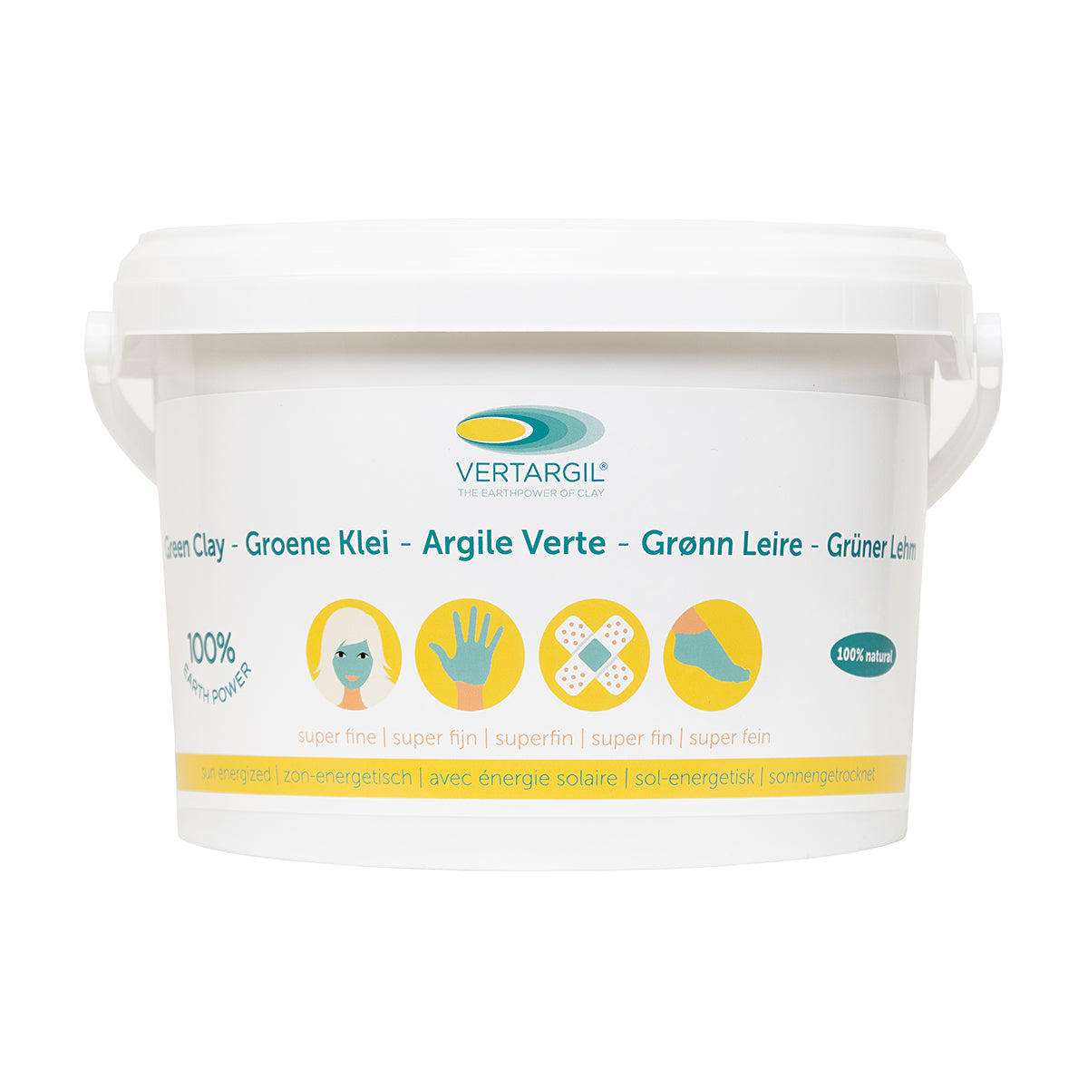Vertargil Superfijn body care product in 2500g container with natural clay, displayed in a clear jar with a label.