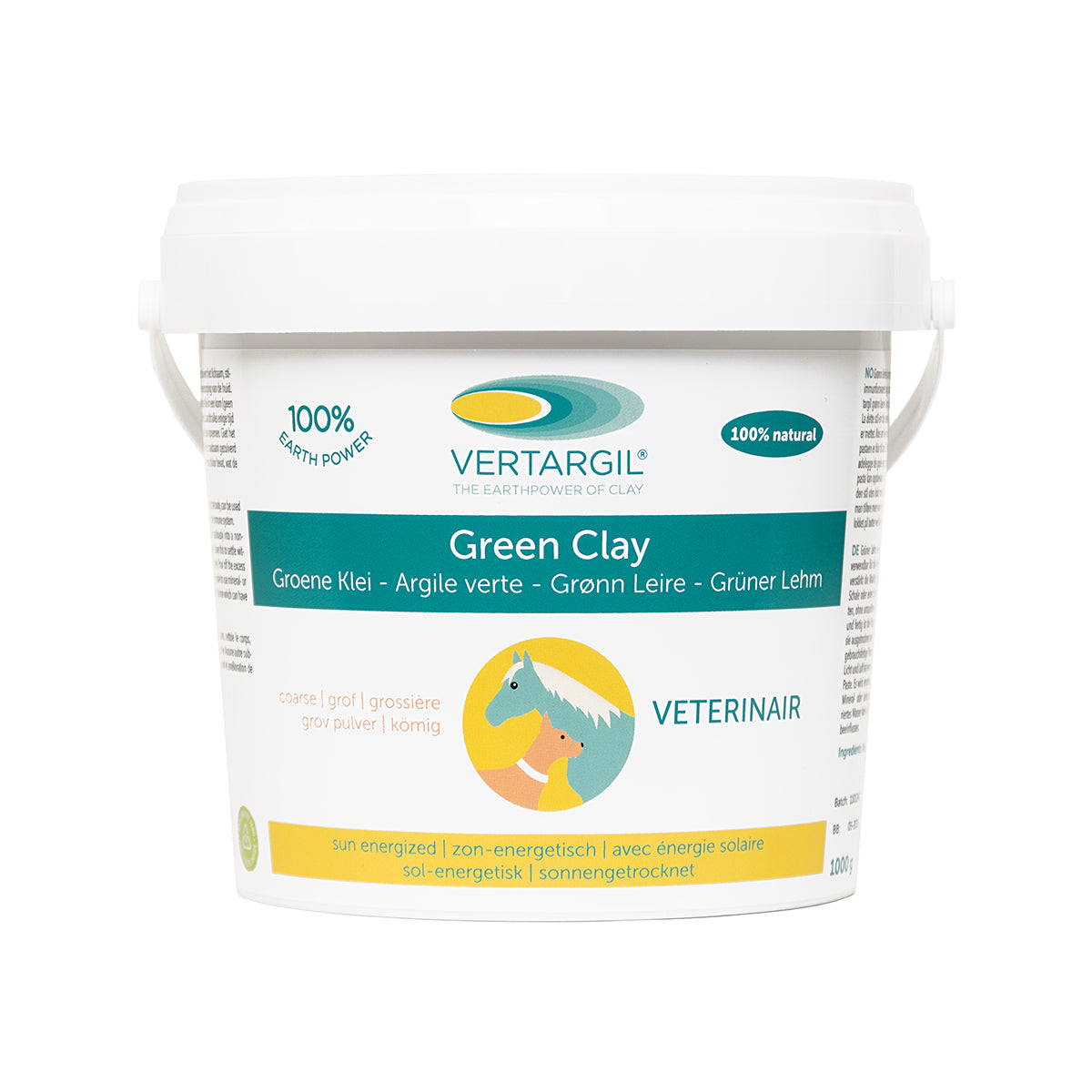 Vertargil Grof veterinary powder in 1 kg bag, natural animal care product, fine green clay for pet health and skin soothing.