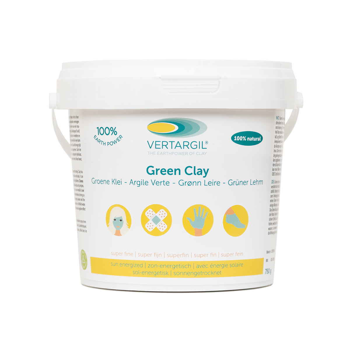 Vertargil Superfijn body care product in a 750g container, featuring a natural clay or skincare substance.