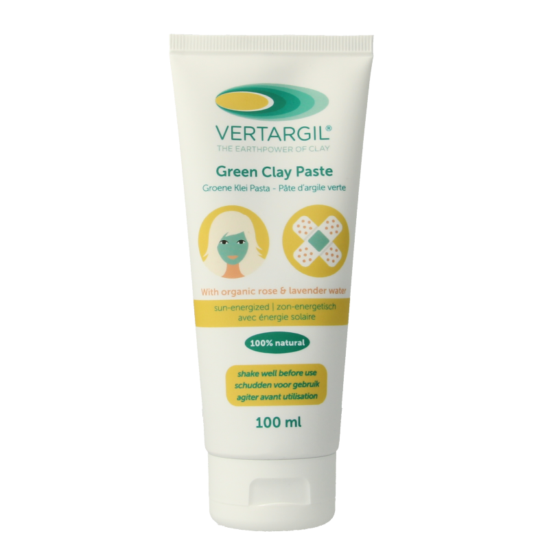 Vertargil green clay paste in a 100ml tube, natural body care product, showing the green clay tube with label and cap.