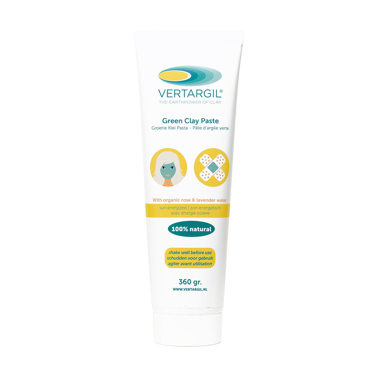 Vertargil green clay paste in a 360g tube, used for body care, with a green clay texture visible in the image.