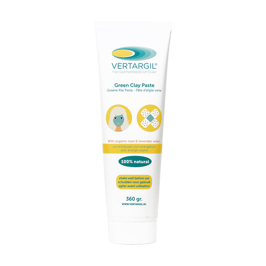 Vertargil green clay paste in a 360g tube, used for body care, with a green clay texture visible in the image.