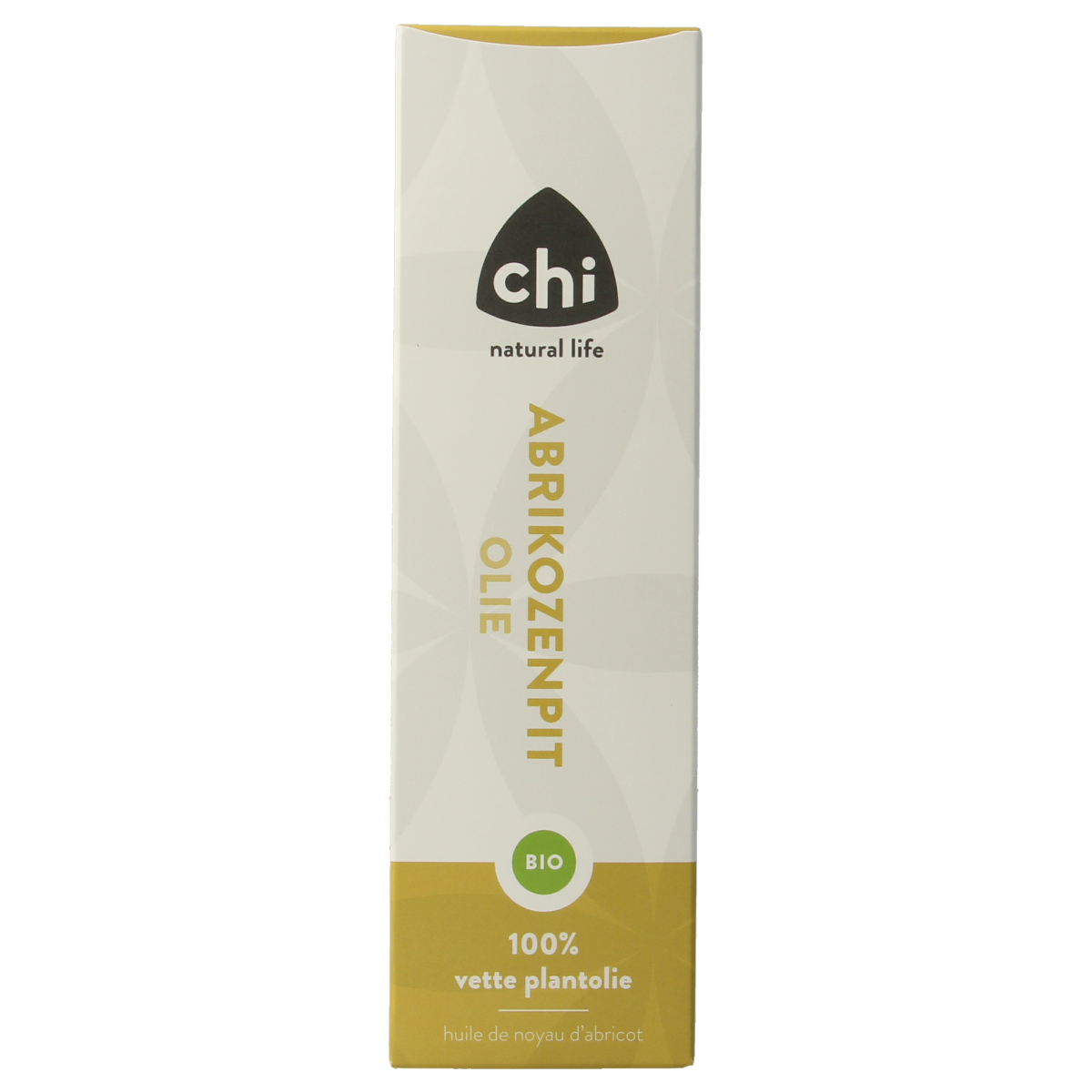Chi organic apricot kernel oil in a 100ml bottle, natural body care product with a clear label and a dark cap.