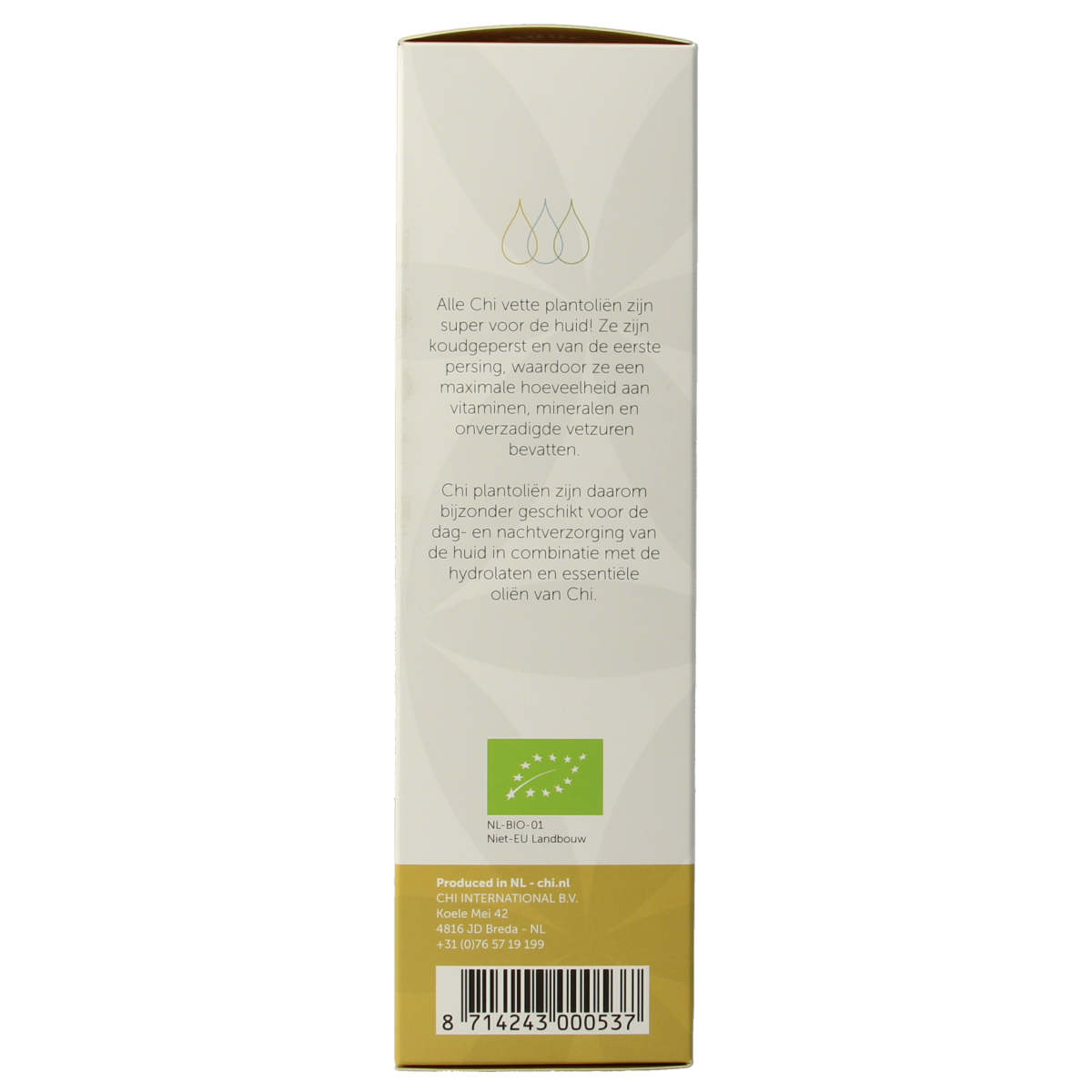 Chi bio abrikozenpit olie in 100ml bottle, natural body care product with amber-colored oil in a clear container.