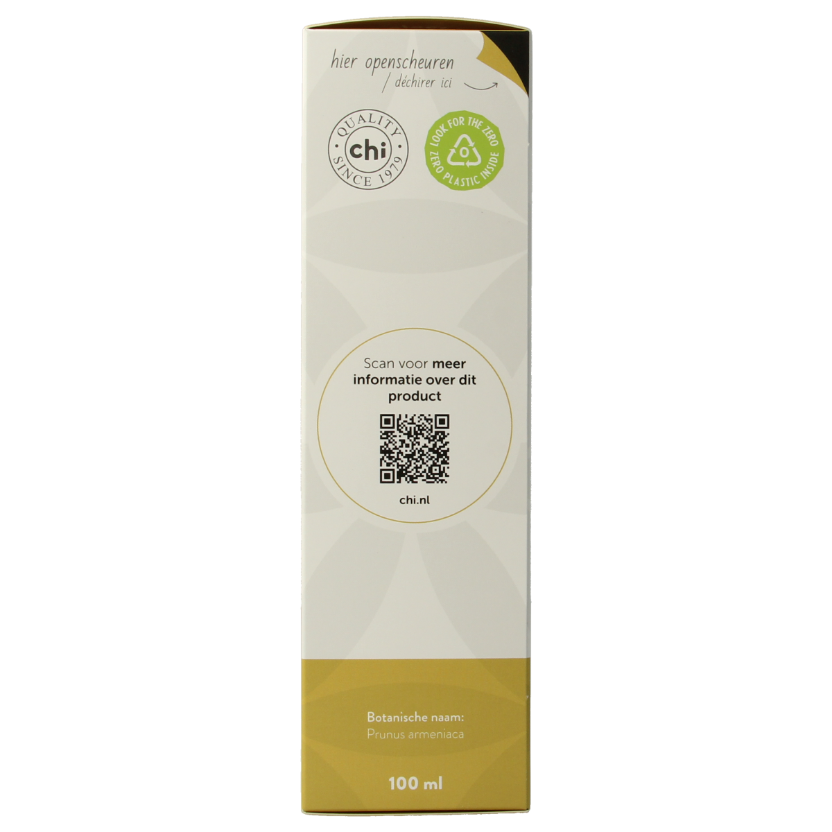 Organic Chi apricot kernel oil 100ml bottle, natural body care product, clear container with golden oil inside.