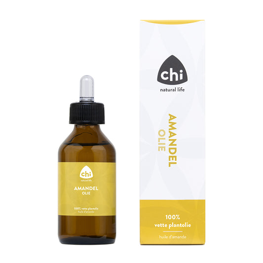 Chi Amandelolie 100ml almond body oil bottle for skincare and body care, with a clear label and golden cap.