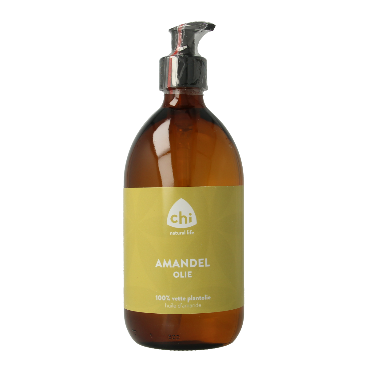 Chi Amandel olie 500ml bottle, natural almond body oil for skincare, with a clear label and golden cap visible in the image.