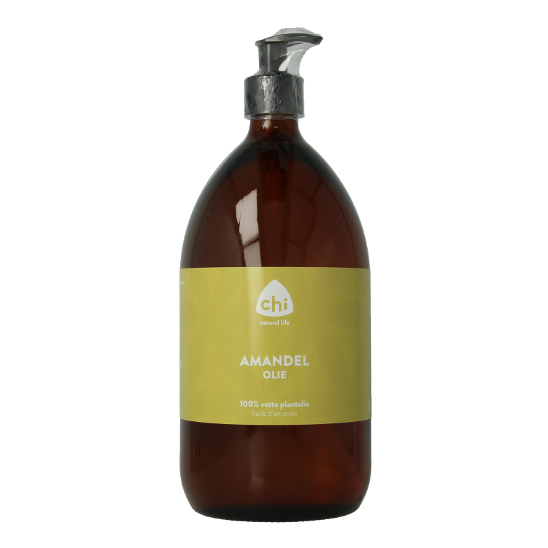 Chi Amandelolie 1 Liter body care oil, with a clear bottle showing almond oil inside, ideal for nourishing skin and body.