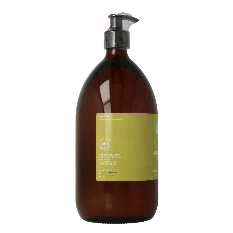 Chi Amandelolie body care bottle, 1 liter, natural almond oil for skincare, with a clear label and golden liquid inside.